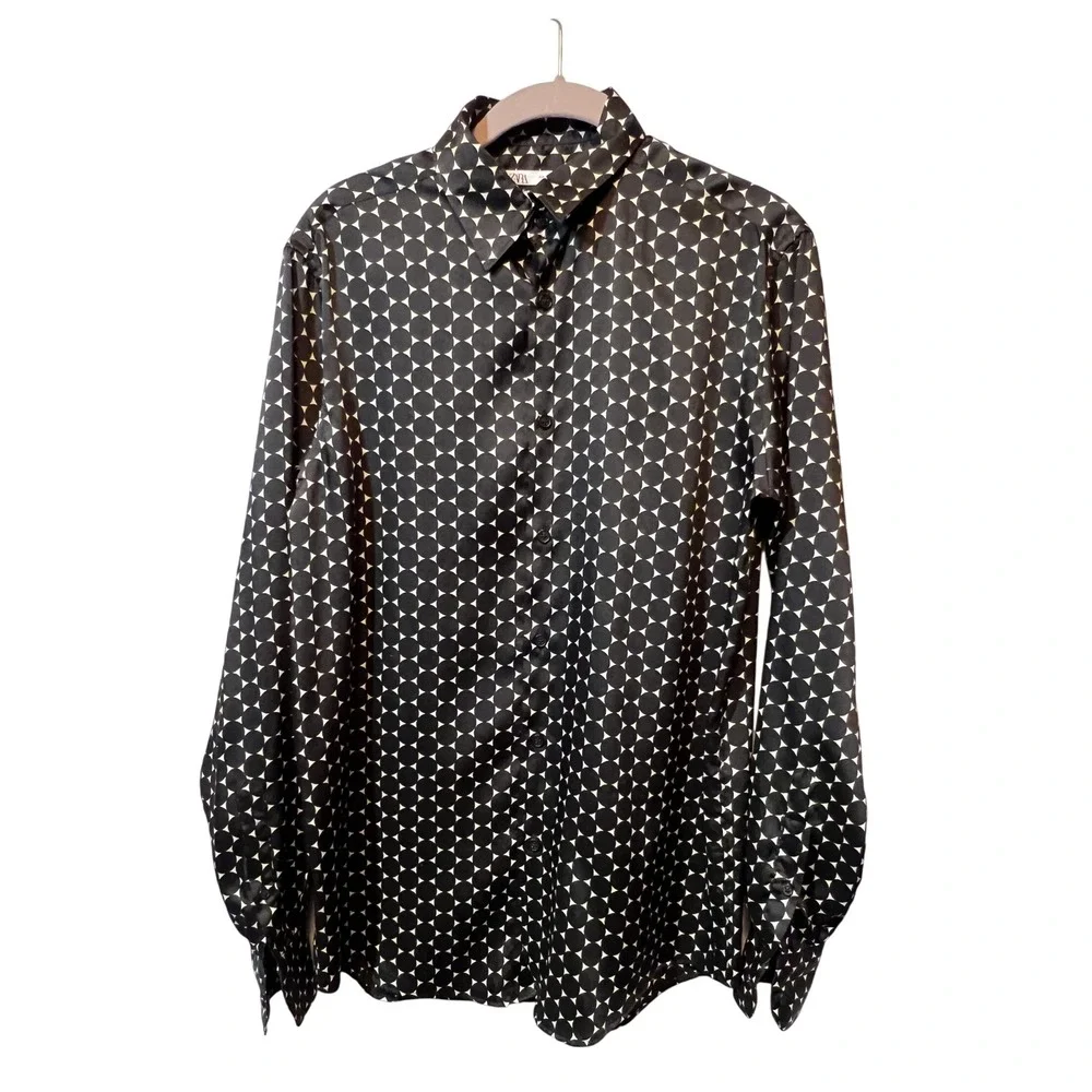 Zara Women's Small Button Down Shirt Black White Circle Print Long Sleeve - Picture 1 of 10